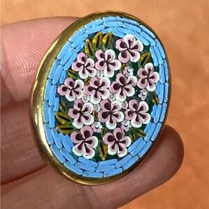 Vintage Floral Micro Mosaic Light Pink & Blue on Gold Tone Oval Brooch  Italy
